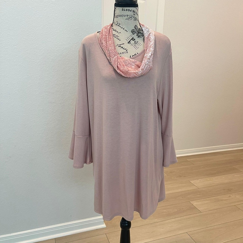 Valerie Stevens Women's XL Pink‎ Tunic Top Bell Sleeve Scarf Outfit Casual